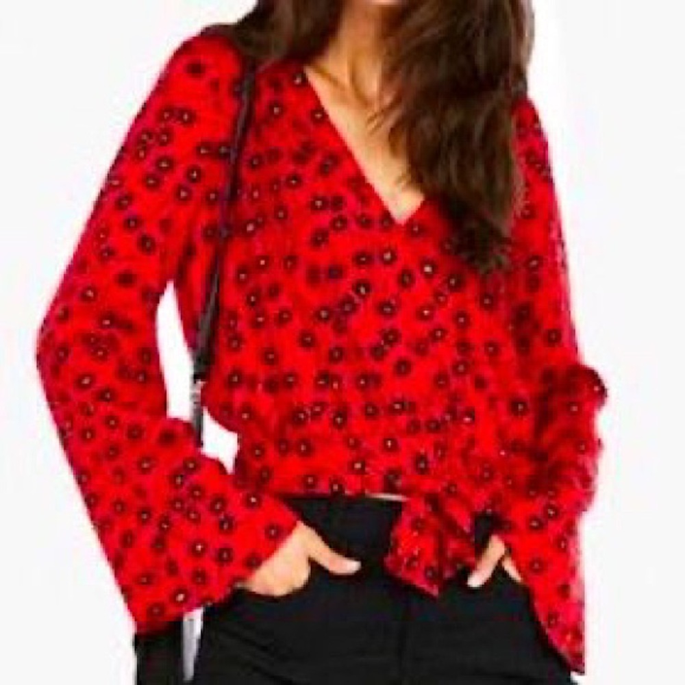 Express Red Floral Faux wrap tie front Bell Sleeve